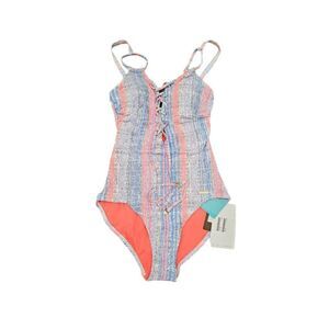 Sunseeker Blue and Pink Striped Lace Up One-Piece Swimsuit Size 4